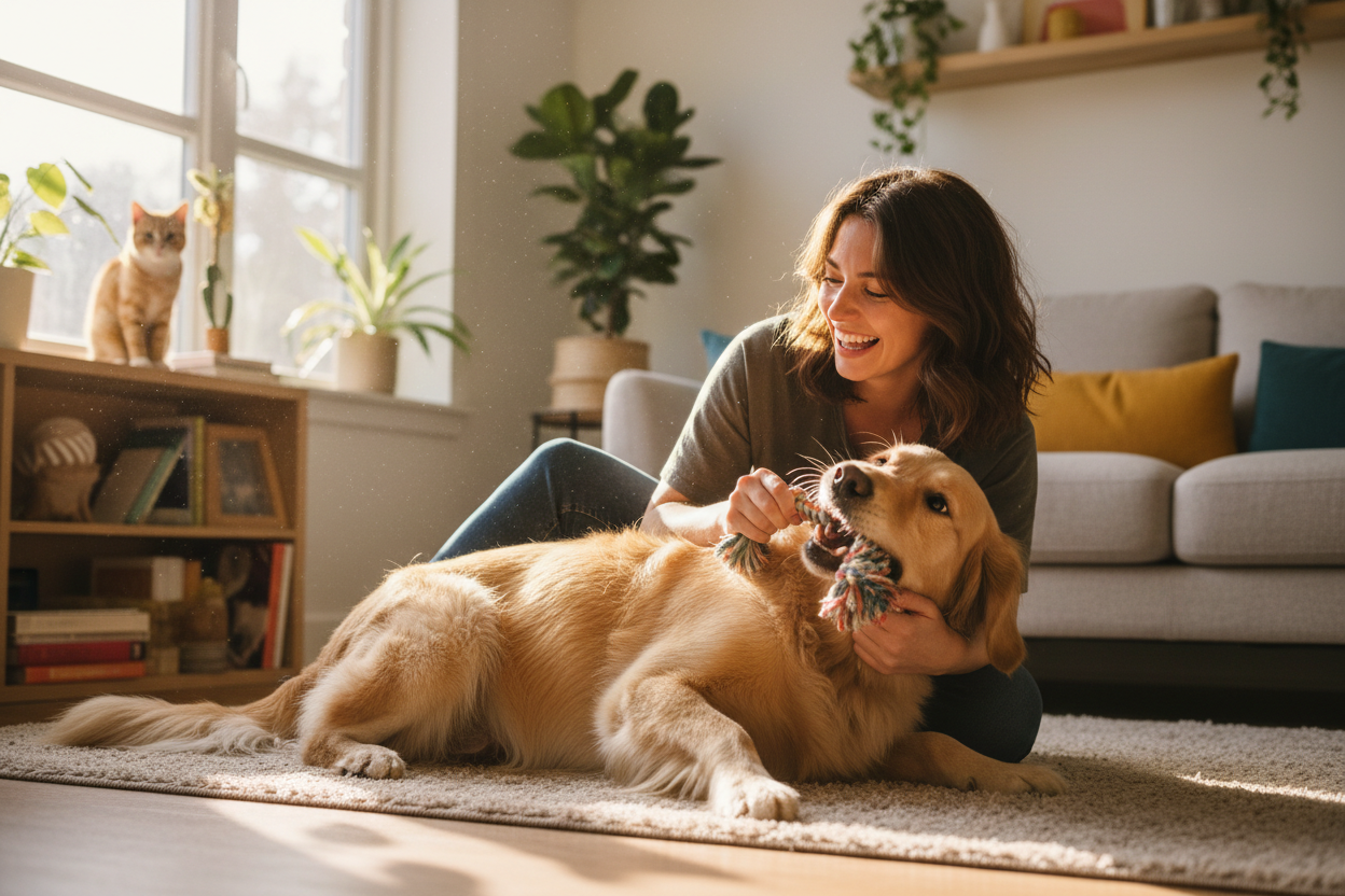 Pet owner playing with pet